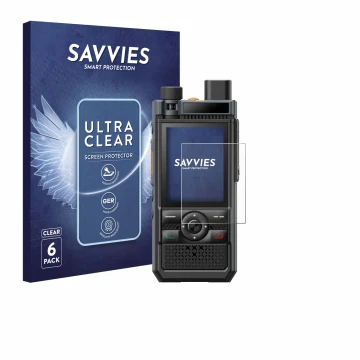 Parte frontal de un envase de producto con el logotipo de la marca Savvies. Al lado se muestra el dispositivo Hytera P50 Pro c