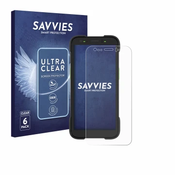 Parte frontal de un envase de producto con el logotipo de la marca Savvies. Al lado se muestra el dispositivo Zebra TC701 con 