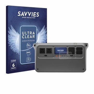 Parte frontal de un envase de producto con el logotipo de la marca Savvies. Al lado se muestra el dispositivo DJI Power 1000 c