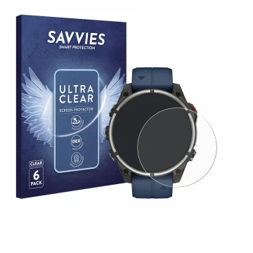 Parte frontal de un envase de producto con el logotipo de la marca Savvies. Al lado se muestra el dispositivo Garmin quatix 8 