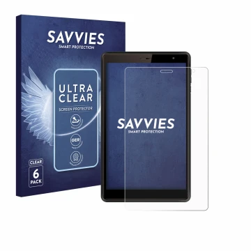Parte frontal de un envase de producto con el logotipo de la marca Savvies. Al lado se muestra el dispositivo Logicom Tab 80 8