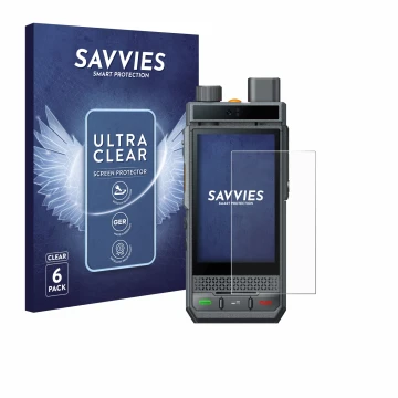 Parte frontal de un envase de producto con el logotipo de la marca Savvies. Al lado se muestra el dispositivo Hytera P60 con s