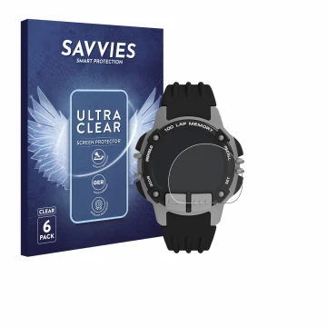 Parte frontal de un envase de producto con el logotipo de la marca Savvies. Al lado se muestra el dispositivo Timex Ironman TW