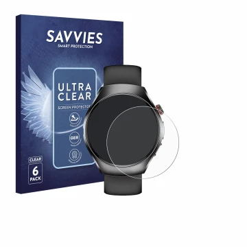 Parte frontal de un envase de producto con el logotipo de la marca Savvies. Al lado se muestra el dispositivo Smartwatch ET460