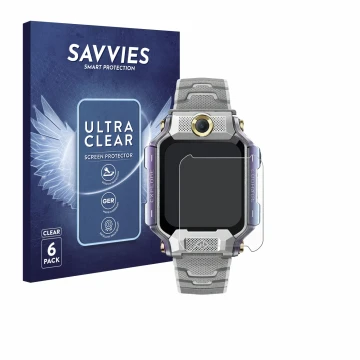 Parte frontal de un envase de producto con el logotipo de la marca Savvies. Al lado se muestra el dispositivo Imoo Watch Phone