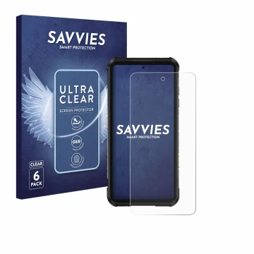 Parte frontal de un envase de producto con el logotipo de la marca Savvies. Al lado se muestra el dispositivo Ulefone RugOne X