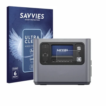 Parte frontal de un envase de producto con el logotipo de la marca Savvies. Al lado se muestra el dispositivo Aferiy P280 con 