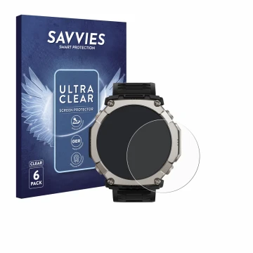Parte frontal de un envase de producto con el logotipo de la marca Savvies. Al lado se muestra el dispositivo Huami Amazfit T-