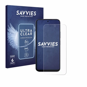 Parte frontal de un envase de producto con el logotipo de la marca Savvies. Al lado se muestra el dispositivo Oppo A6x 4G con 