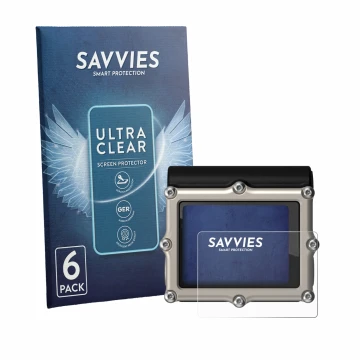 Parte frontal de un envase de producto con el logotipo de la marca Savvies. Al lado se muestra el dispositivo Shearwater Petre