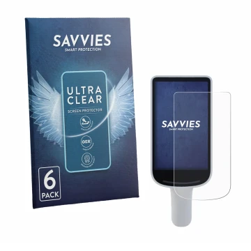 Parte frontal de un envase de producto con el logotipo de la marca Savvies. Al lado se muestra el dispositivo Datalogic Joya S