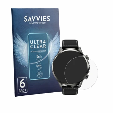 Parte frontal de un envase de producto con el logotipo de la marca Savvies. Al lado se muestra el dispositivo Black Shark Watc