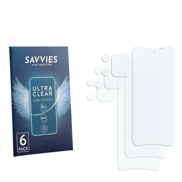 Parte frontal de un envase de producto con el logotipo de la marca Savvies. Al lado está el protector de pantalla correspondie