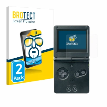 Parte frontal de un envase de producto con el logotipo de la marca BROTECT. Al lado se muestra el dispositivo Nintendo Gameboy