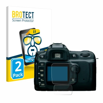 Parte frontal de un envase de producto con el logotipo de la marca BROTECT. Al lado se muestra el dispositivo Nikon D50 con su