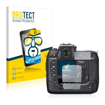Parte frontal de un envase de producto con el logotipo de la marca BROTECT. Al lado se muestra el dispositivo Nikon D2X con su