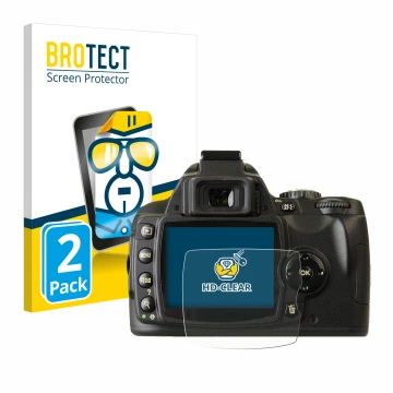 Parte frontal de un envase de producto con el logotipo de la marca BROTECT. Al lado se muestra el dispositivo Nikon D40x con s