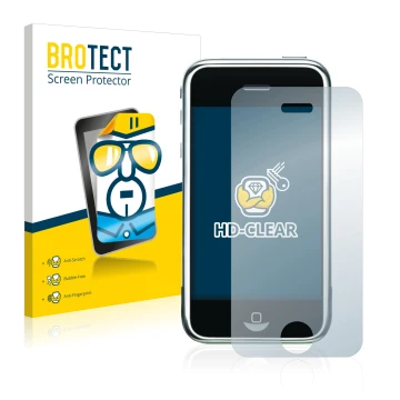 Parte frontal de un envase de producto con el logotipo de la marca BROTECT. Al lado se muestra el dispositivo Apple iPhone 2G 