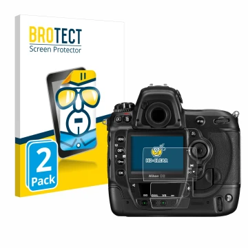 Parte frontal de un envase de producto con el logotipo de la marca BROTECT. Al lado se muestra el dispositivo Nikon D3 con su 