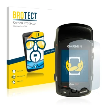 Parte frontal de un envase de producto con el logotipo de la marca BROTECT. Al lado se muestra el dispositivo Garmin Edge 705 