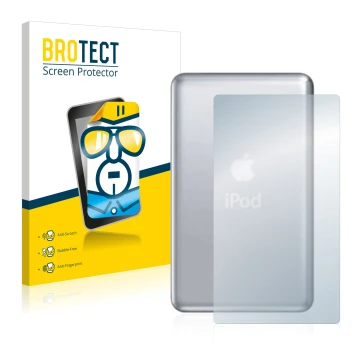 Parte frontal de un envase de producto con el logotipo de la marca BROTECT. Al lado se muestra el dispositivo Apple iPod class