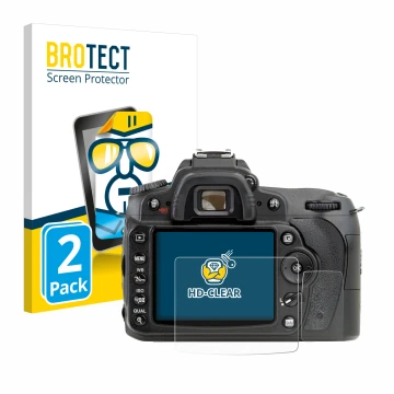 Parte frontal de un envase de producto con el logotipo de la marca BROTECT. Al lado se muestra el dispositivo Nikon D90 con su