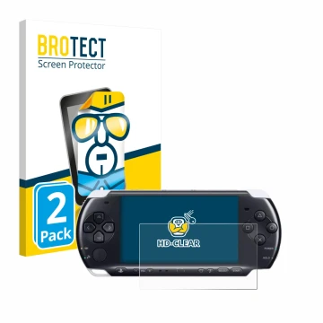 Parte frontal de un envase de producto con el logotipo de la marca BROTECT. Al lado se muestra el dispositivo Sony PSP 3000 co