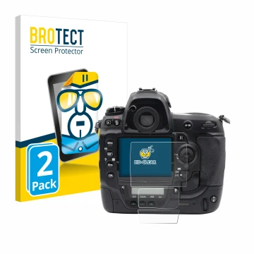 Parte frontal de un envase de producto con el logotipo de la marca BROTECT. Al lado se muestra el dispositivo Nikon D3x con su