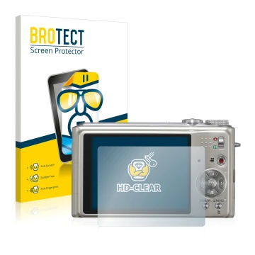 Parte frontal de un envase de producto con el logotipo de la marca BROTECT. Al lado se muestra el dispositivo Panasonic Lumix 