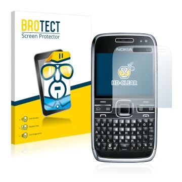 Parte frontal de un envase de producto con el logotipo de la marca BROTECT. Al lado se muestra el dispositivo Nokia E72 con su