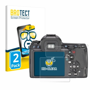Parte frontal de un envase de producto con el logotipo de la marca BROTECT. Al lado se muestra el dispositivo Pentax K7, K-7 c