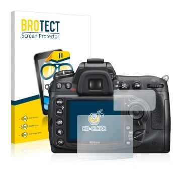 Parte frontal de un envase de producto con el logotipo de la marca BROTECT. Al lado se muestra el dispositivo Nikon D300S con 