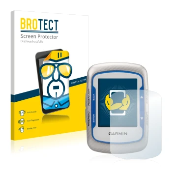 Parte frontal de un envase de producto con el logotipo de la marca BROTECT. Al lado se muestra el dispositivo Garmin Edge 500 