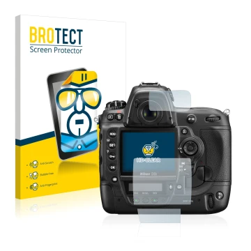 Parte frontal de un envase de producto con el logotipo de la marca BROTECT. Al lado se muestra el dispositivo Nikon D3S con su