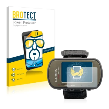 Parte frontal de un envase de producto con el logotipo de la marca BROTECT. Al lado se muestra el dispositivo Garmin Foretrex 
