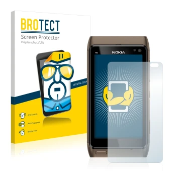 Parte frontal de un envase de producto con el logotipo de la marca BROTECT. Al lado se muestra el dispositivo Nokia n8 con su 