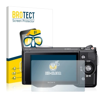 Parte frontal de un envase de producto con el logotipo de la marca BROTECT. Al lado se muestra el dispositivo Sony Alpha NEX-5
