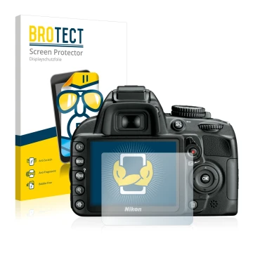Parte frontal de un envase de producto con el logotipo de la marca BROTECT. Al lado se muestra el dispositivo Nikon D3100 con 