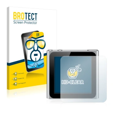 Parte frontal de un envase de producto con el logotipo de la marca BROTECT. Al lado se muestra el dispositivo Apple iPod nano 