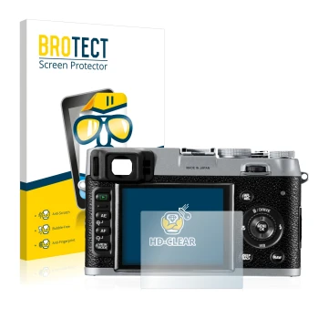 Parte frontal de un envase de producto con el logotipo de la marca BROTECT. Al lado se muestra el dispositivo Fujifilm FinePix