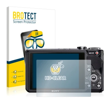 Parte frontal de un envase de producto con el logotipo de la marca BROTECT. Al lado se muestra el dispositivo Sony Cyber-Shot 