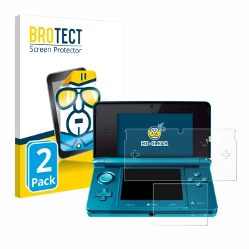 Parte frontal de un envase de producto con el logotipo de la marca BROTECT. Al lado se muestra el dispositivo Nintendo 3DS con