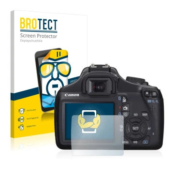 Parte frontal de un envase de producto con el logotipo de la marca BROTECT. Al lado se muestra el dispositivo Canon EOS 1100D 