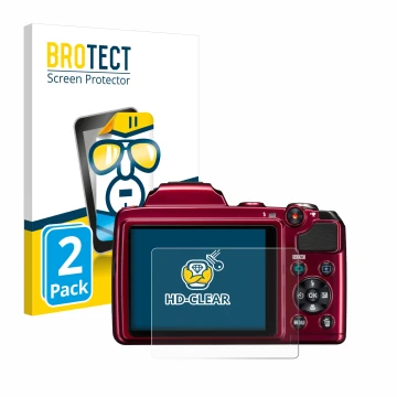 Parte frontal de un envase de producto con el logotipo de la marca BROTECT. Al lado se muestra el dispositivo Nikon Coolpix L1