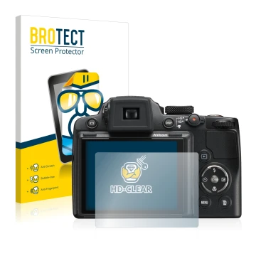 Parte frontal de un envase de producto con el logotipo de la marca BROTECT. Al lado se muestra el dispositivo Nikon Coolpix P5