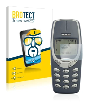 Parte frontal de un envase de producto con el logotipo de la marca BROTECT. Al lado se muestra el dispositivo Nokia 3310 2011 