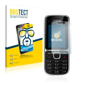 Parte frontal de un envase de producto con el logotipo de la marca BROTECT. Al lado se muestra el dispositivo Nokia C2-01 con 