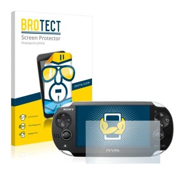 Parte frontal de un envase de producto con el logotipo de la marca BROTECT. Al lado se muestra el dispositivo Sony Playstation
