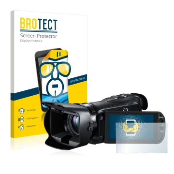 Parte frontal de un envase de producto con el logotipo de la marca BROTECT. Al lado se muestra el dispositivo Canon Legria HF 