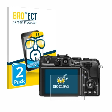 Parte frontal de un envase de producto con el logotipo de la marca BROTECT. Al lado se muestra el dispositivo Nikon Coolpix P7